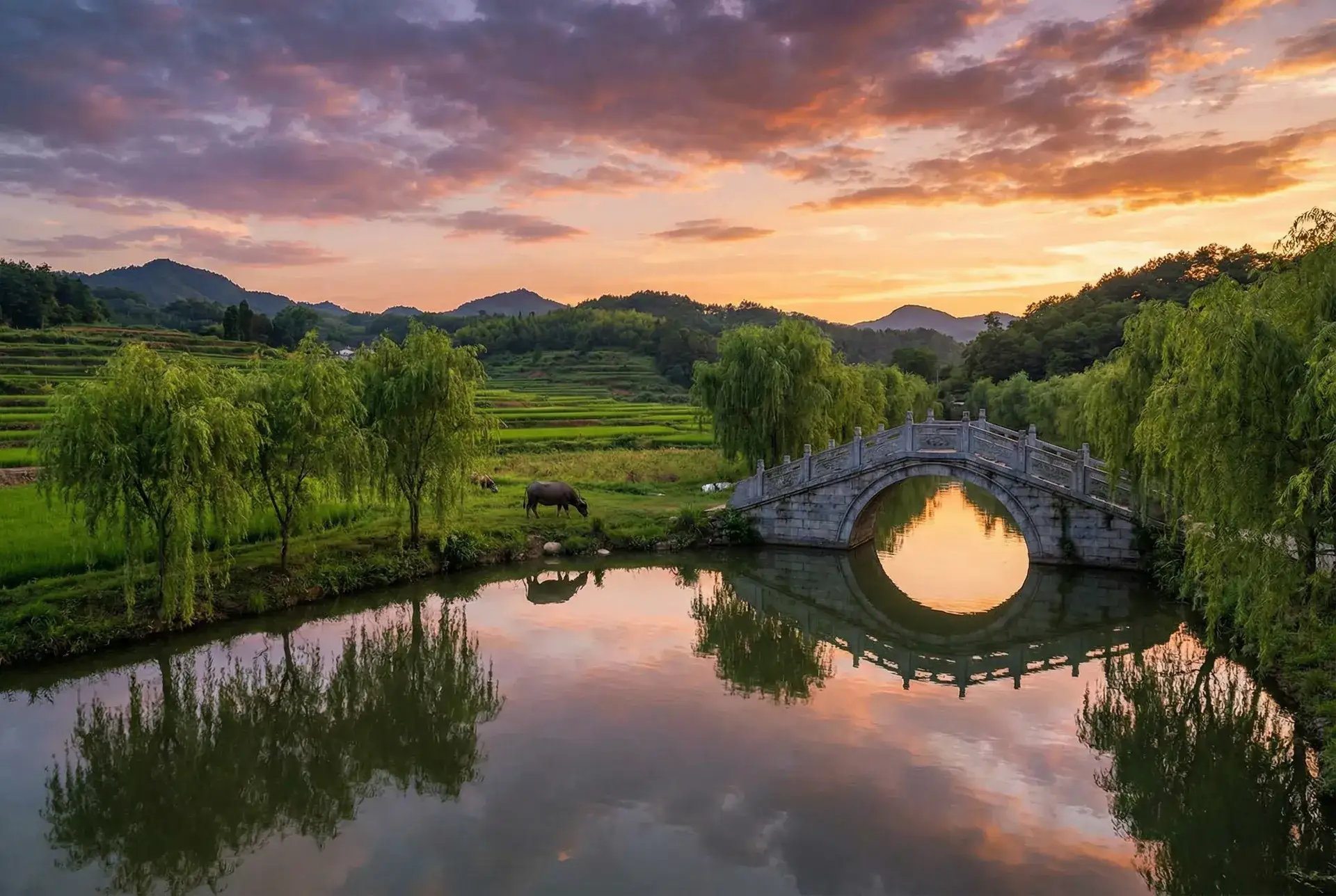 夕阳下的石拱桥与垂柳，水牛在河边吃草 - 年轻的护士3 乡村美景